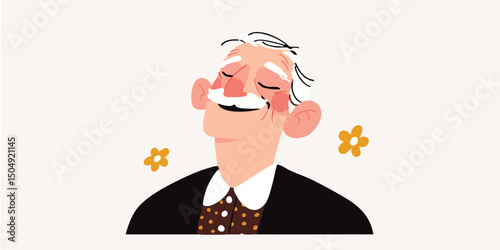 A serene, elder gentleman with a soft expression, possibly daydreaming or lost in happy reminiscence. It captures a moment of peace, contentment, and joyful nostalgia.