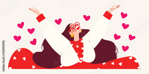 An illustration that encapsulates happiness, joy, and love, a woman is surrounded by a flurry of floating hearts and joy.