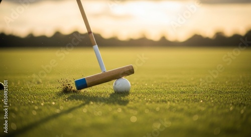 Close-up of a polo mallet striking the ball on grass field