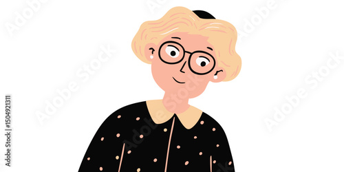 A friendly cartoon portrait of a woman with light hair, round glasses, and a polka dot dress, showcasing a charming and approachable persona.