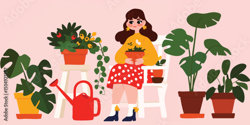 A young woman sits amidst a vibrant collection of potted plants, carefully tending to her indoor garden, creating a tranquil and fulfilling atmosphere.