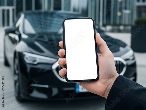 A person hand in suit holding a smartphone with blank white screen against a modern black car in front of modern buildings in the background 