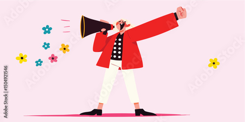 An energetic figure announces through a megaphone, surrounded by stylized floral elements. This vivid illustration celebrates communication, announcements, and promotional moments.