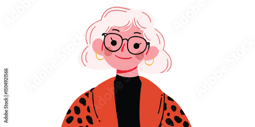 A stylish and sophisticated woman with short, curly grey hair and elegant glasses exudes confidence and charm, embodying modern elegance.