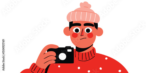 A curious illustrator figure with a camera, portrayed in a vibrant vector illustration style, showcasing a blend of artistic design and photographic inspiration.
