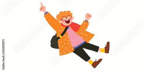 A joyful cartoon illustration of a young person, exuding pure elation as they fall from the sky, a vibrant display of happiness.