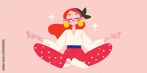 A serene woman meditates in a peaceful lotus pose, radiating tranquility and inner peace. Her vibrant outfit and relaxed posture convey a sense of calm and well-being.
