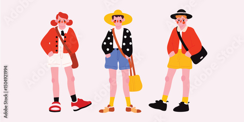 Three fashionable individuals showcase a modern style, each exuding confidence and distinct personality. Capturing the essence of contemporary fashion and creative self-expression.