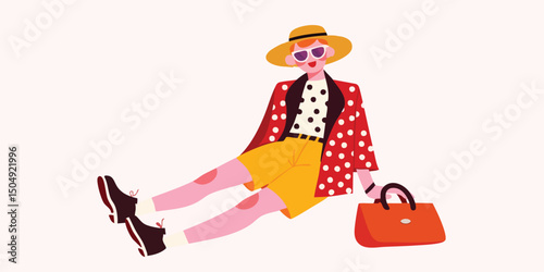 A stylish individual relaxes, with elegant and casual attire, embodying leisure and fashion forward mindset. The image highlights a sense of carefree relaxation and personal style.