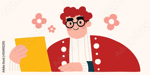 An illustration depicts a charming, friendly figure engrossed in reading a document, surrounded by playful flower motifs. The artwork exudes a warm, inviting atmosphere.