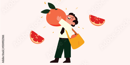 A cheerful individual celebrates with a freshly picked, juicy grapefruit, surrounded by slices, radiating health and vitality.  The graphic style brings a sense of freshness and delightful imagery.