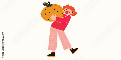 A jovial individual playfully clutches a giant, ripe fruit, radiating pure joy and lightheartedness, creating a visually striking and whimsical scene.