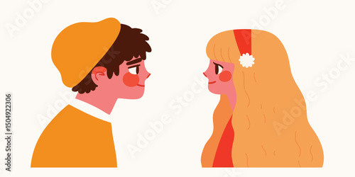 A charming illustration of a couple sharing a tender moment, their faces softly illuminated. Captured in a loving and romantic atmosphere, they embody the essence of friendship and partnership.