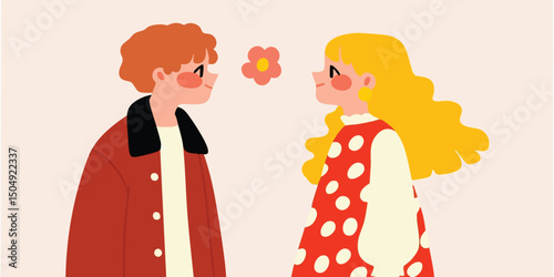 An illustrated couple exchange a loving gaze, surrounded by whimsical floral elements, creating a visual narrative of connection and affectionate bonding.