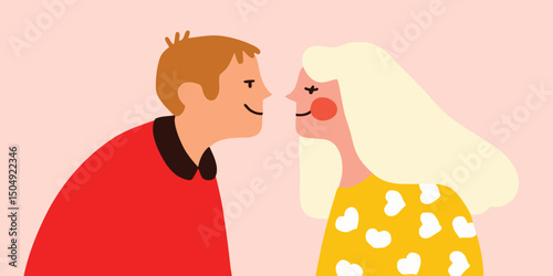 Two young lovers find themselves in a moment of intimate connection, captured in a simple and captivating illustration. The tenderness and affection are palpable. 