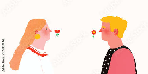An illustrated couple share a moment of affection, symbolized by a red heart and a flower floating between them, conveying love, connection, and the blossoming of a relationship.