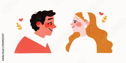 A couple, filled with the promise of love, gazes into each other's eyes, surrounded by symbols of affection and blooming romance. This illustration evokes the essence of a heartwarming relationship.