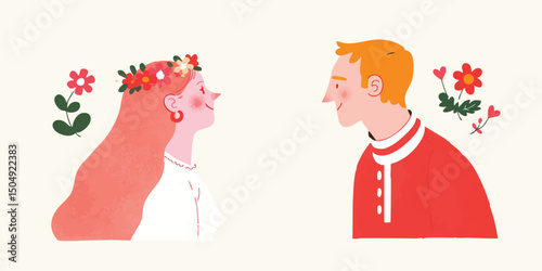 A couple shares a moment of connection and affection, surrounded by stylized floral elements and a soft, dreamy aesthetic. Emphasizing themes of love and spring.