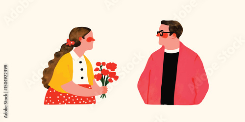 A woman presents a bouquet of red flowers to a man, a charming illustration depicting a romantic gesture or a thoughtful gift.