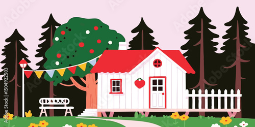 A charming illustration showcases a quaint cottage nestled amidst a vibrant garden. The colorful scene evokes a sense of idyllic simplicity and the warmth of a perfect day.