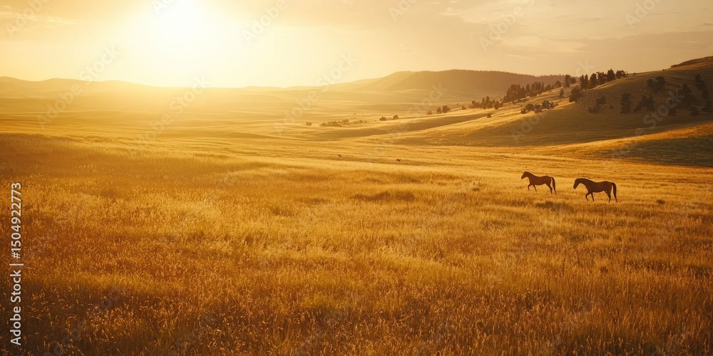 Obraz premium A golden-hour scene of wild horses in a sunlit meadow, surrounded by open fields