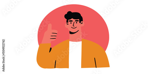 An animated illustration of a cheerful man with a raised thumb, a gesture of positivity and approval.