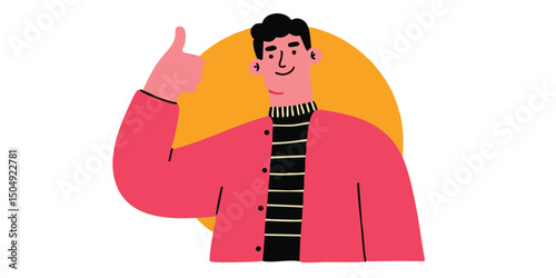 A cheerful person give a thumbs up, with a pleased and contented expression, signifying approval and satisfaction, painted in a vivid illustration.