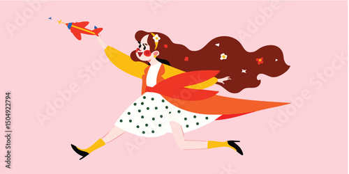 A spirited young girl joyfully dashes forward, clutching a vibrant toy airplane in mid-flight, symbolizing dreams of adventure, capturing a moment of carefree youth and soaring imagination.