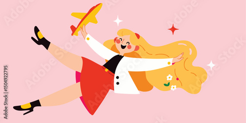 An animated female figure joyfully soars through the sky, accompanied by a miniature airplane, embodying the spirit of travel and adventure, against a pastel backdrop.