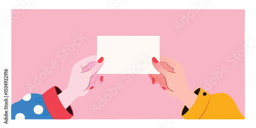 Two hands are delicately holding a blank card, set against a soft pink background, ready for a personalized message. Minimalist concept, simplicity at its finest.