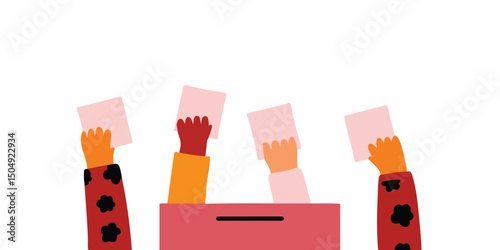 Hands casting votes, embodying the essence of democracy and civic engagement. Diverse hands, each holding a ballot, symbolize participation and the power of choice in a voting process.