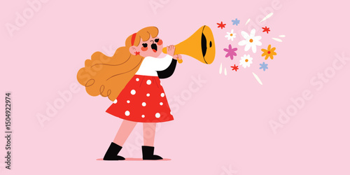 An illustration of a young girl using a megaphone to spread words of encouragement and motivation, with floral elements adding a touch of cheerfulness and positive energy.