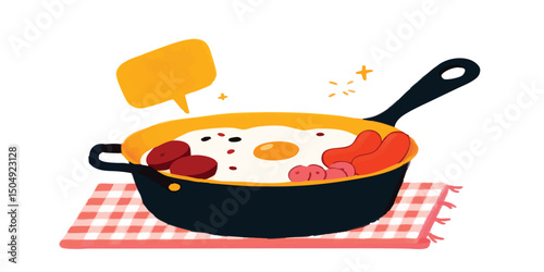 Whimsical Breakfast in a Pan Illustration, showcasing sunny-side up egg, red beans and juicy sausages served on checkered cloth