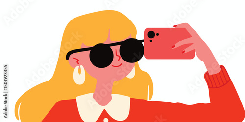 A stylish young woman, captured in a vibrant illustration, captures a moment with a selfie, wearing sunglasses that adds a touch of intrigue to her personality.
