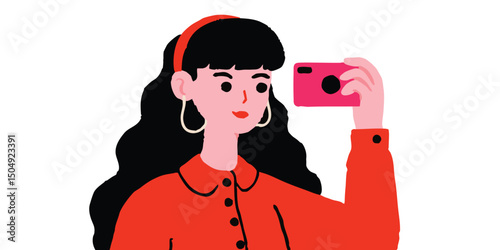 A young woman, with dark flowing hair and a vibrant red outfit, captures a self-portrait with a pink camera, showcasing a moment of personal expression.