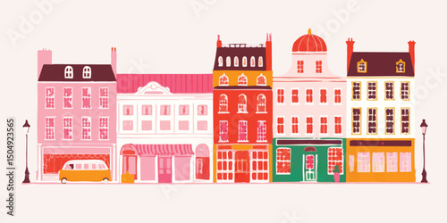 Charming Row of Colorful City Buildings in illustration style 