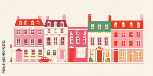 A vibrant, detailed illustration showcases a charming street lined with colorful historic houses. A classic car is parked in front of the buildings, evoking a sense of nostalgia and urban life.