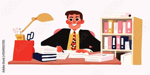 An illustration of a person working in a office setting, desk with organized documents, and the ambiance is filled with positivity.