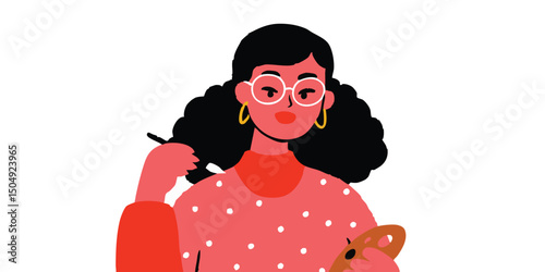 An artist diligently works on her next masterpiece. Dressed in a stylish attire, she holds a brush and a palette, poised to create, embodying creative expression and artistic endeavors.
