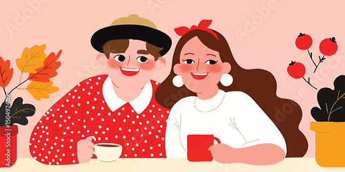 A heartwarming illustration of a couple enjoying a cozy cafe scene, filled with warmth and affection, complemented by stylish outfits and cheerful expressions. 