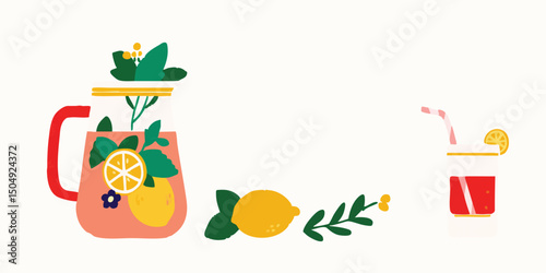 A refreshing summer scene of lemon juice drink and lemonade with decorative floral illustrations, celebrating freshness.