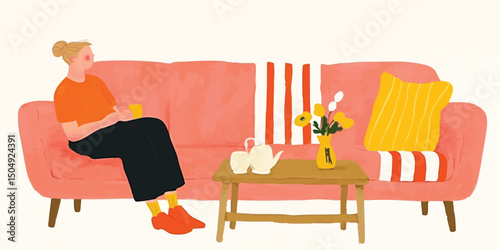 A person enjoys tea in a cozy living room environment. The scene encapsulates relaxation and the simple pleasures of home life.