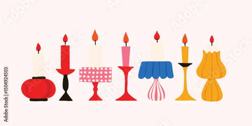 Illuminating collection of stylized candles, each set on unique stands, casting a warm glow, ready to bring a soft atmosphere.