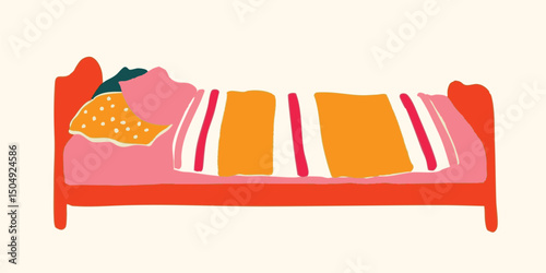 A charmingly styled bed, meticulously crafted and thoughtfully arranged, embodying a sense of comfort and serenity. The illustration shows detail and a good combination of colors.