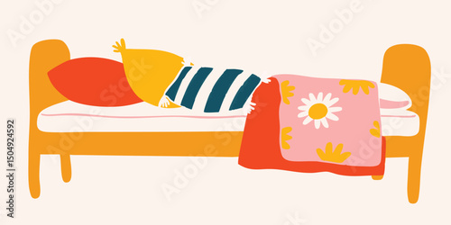 A cozy bed illustration with colorful pillows and a floral blanket invites rest and relaxation, depicting a place of comfort and sweet dreams.