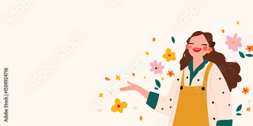 A happy woman in a field of colorful flowers, evoking joy, light, and the beauty of spring. A charming depiction of happiness, joy, and nature's blossoms.