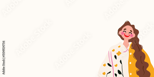 A cheerful woman with long flowing hair, adorned in a stylish outfit, radiates happiness and positivity, smiling with eyes full of joy. This illustration captures the essence of grace and contentment.