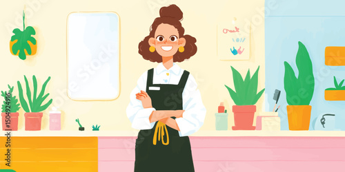A cheerful shop owner stands proudly amidst a botanical oasis, showcasing her passion for plants in an eye-catching illustration, creating a vibrant and inviting aesthetic.
