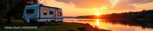 Travel trailer nestled amidst riverside scenery, Thomson Causeway sunset , vacation, blue