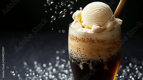 Delicious Ice Cream Soda with Foamy Topping and Ice Cream Scoop